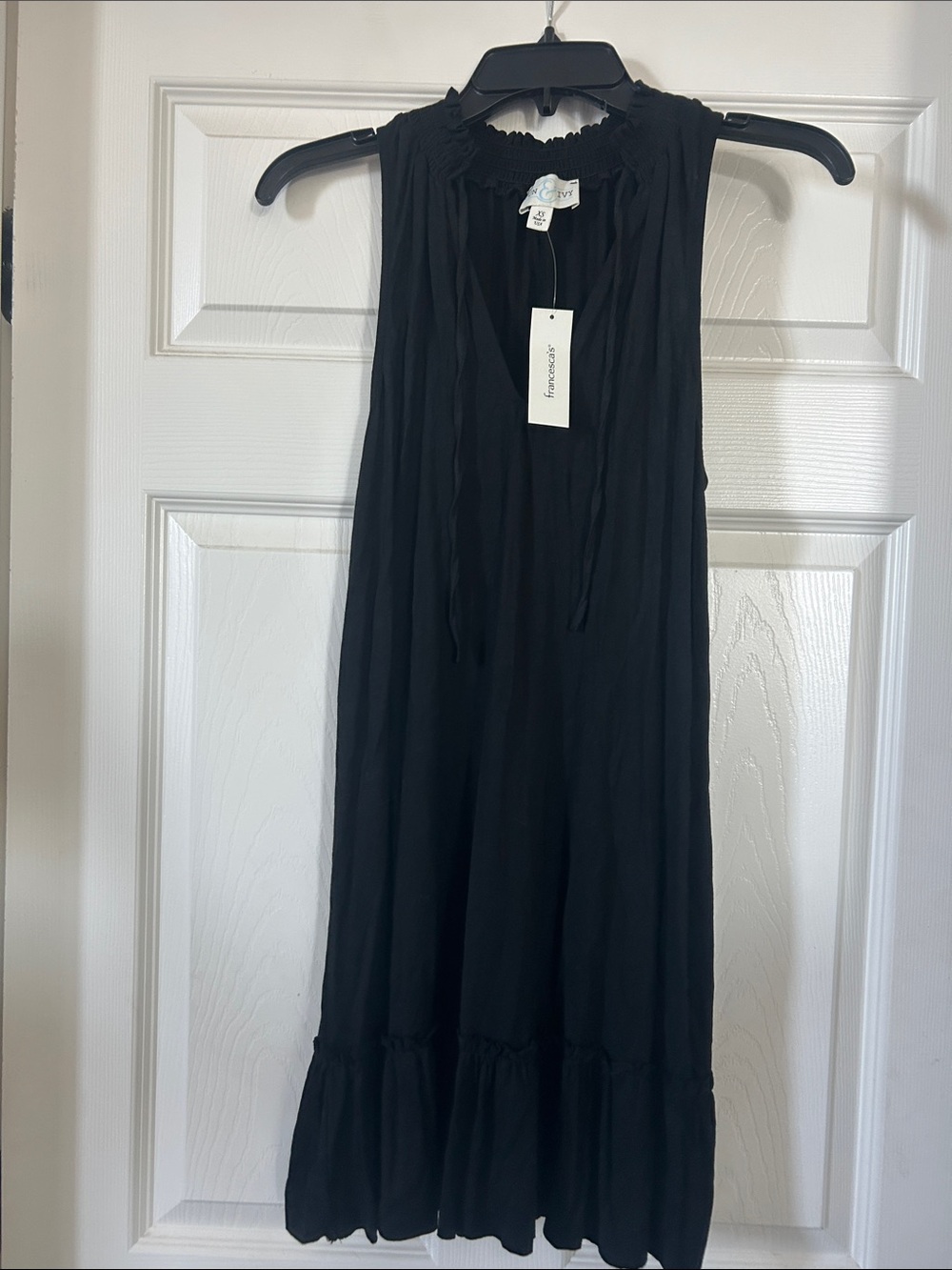 Sleeveless Black Midi Dress with Ruffled Neck